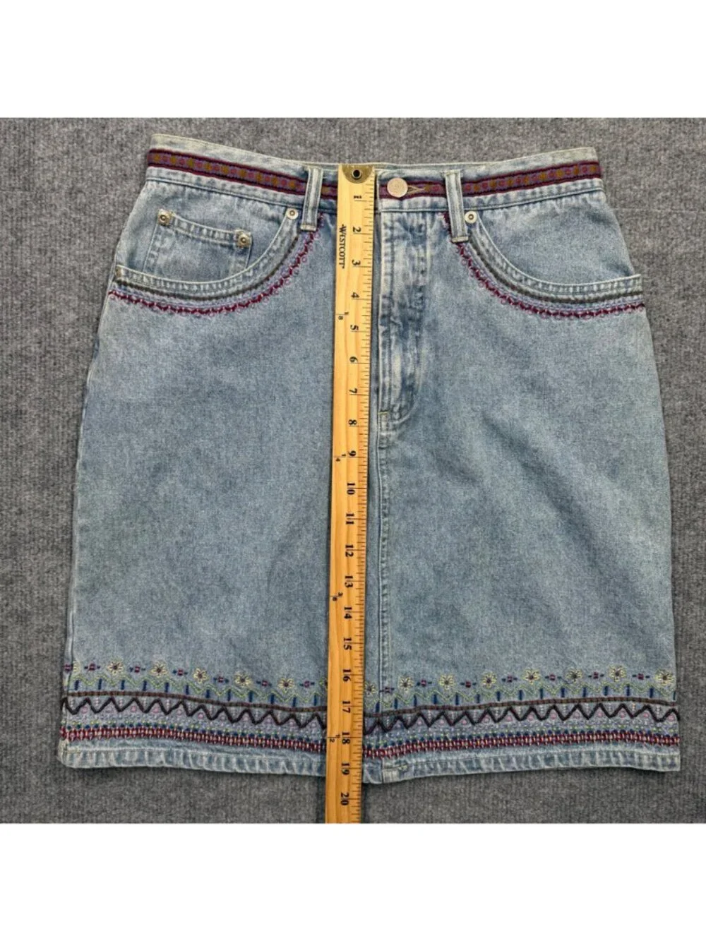 VTG Y2K 90s‎ Embroidered Beaded Denim Mini Skirt Western Boho Festival Size 6